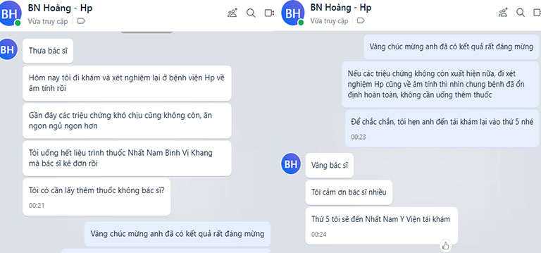 Tin nhắn bệnh nhân viêm loét Hp gửi cảm ơn bác sĩ Vân Anh sau khi điều trị một liệu trình Nhất Nam Bình Vị Khang 